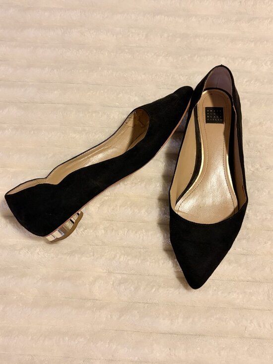 White House Black Market Shoes - White House Black Market Black Suede Pointed Toe Gold Heel Flats Size 8